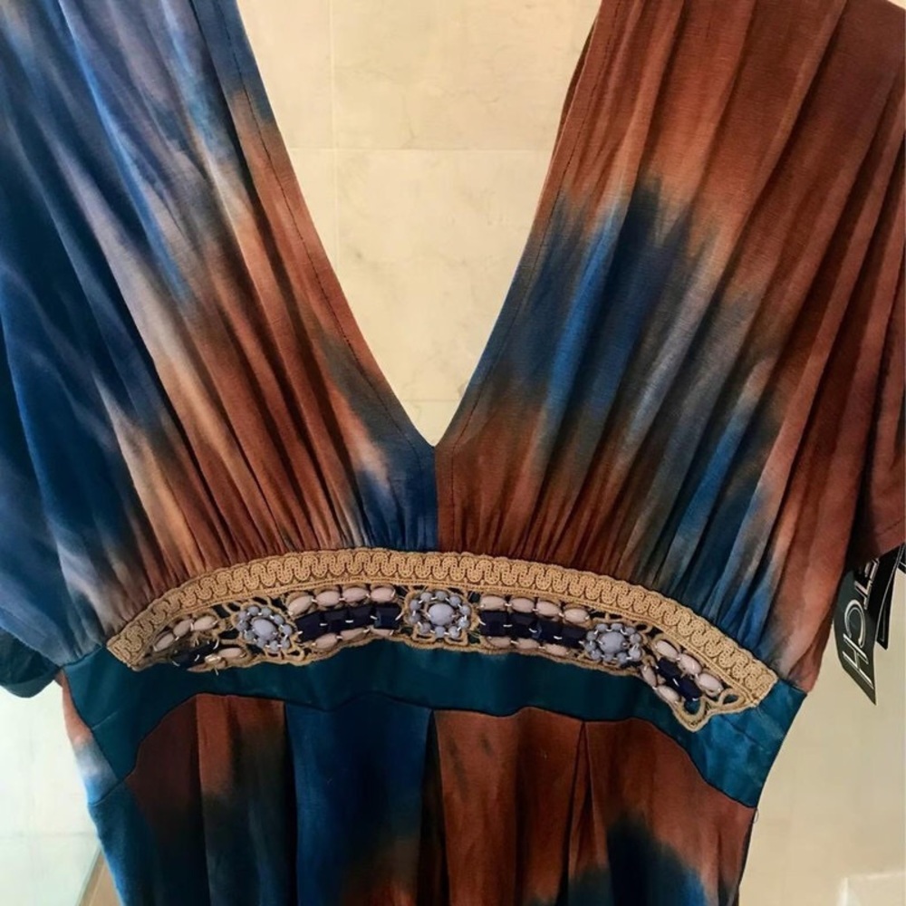 Boho Tie-Dye V-Neck Embellished Waist Dress - Blue/Brown